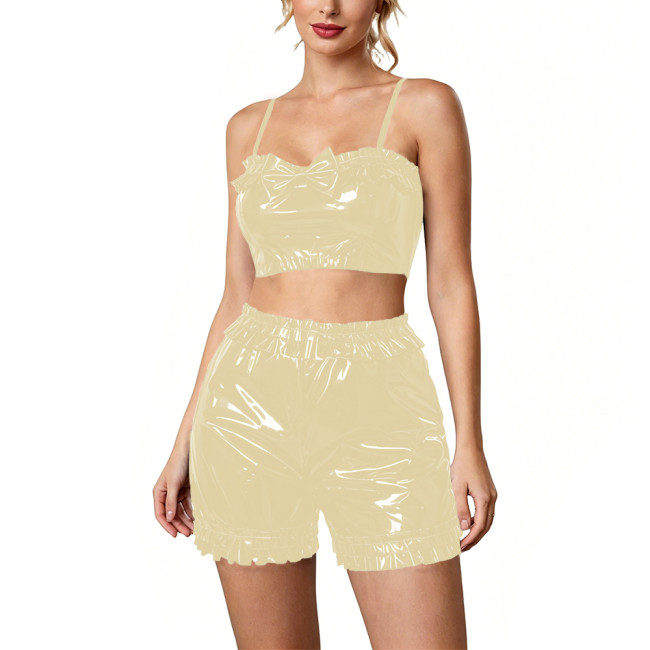 Women's Glossy Vinyl Two-Piece Sets Lolita Ruffled Trim Camisole Crop Top and Elastic Waist Shorts Sexy Clubwear Party Lingerie