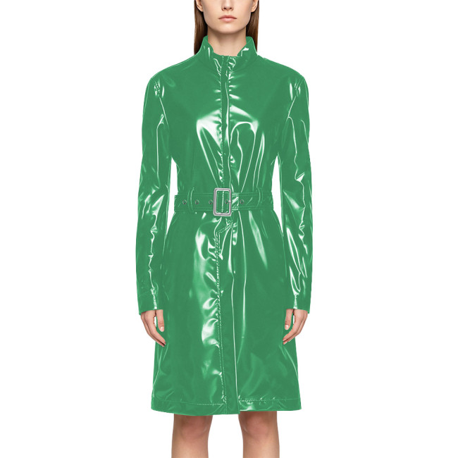 Wet Look PVC Zipper Stand Collar Mid Trench Coat Shiny PU Leather Belted Coat Clubwear Fashion Long Sleeve Knee-length Jackets
