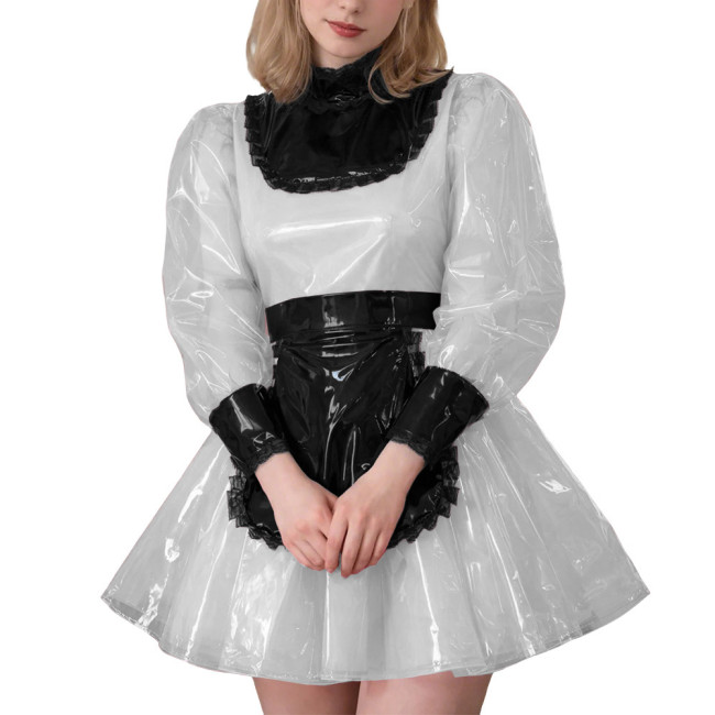 Lockable Sexy Cross Dressing Maid Uniforms Sissy Puff Long Sleeve Clear PVC Maid Dress Fetish Plastic Cosplay Role Play Costume