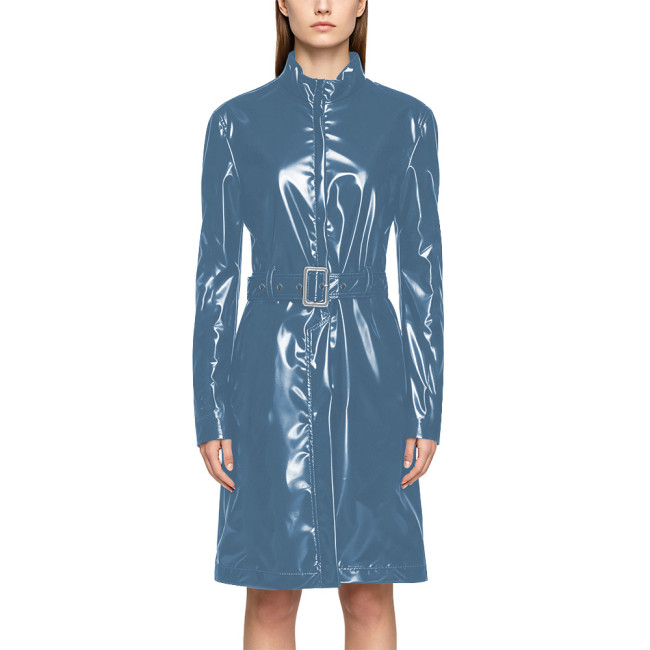 Wet Look PVC Zipper Stand Collar Mid Trench Coat Shiny PU Leather Belted Coat Clubwear Fashion Long Sleeve Knee-length Jackets
