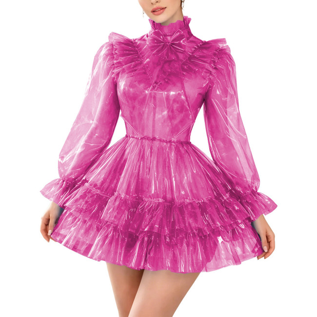 Sissy Clear PVC Lockable Gothic A-line Dress Lolita Ruffles Plastic High Neck Pleated Mini Dress for Rave Party Cosplay Costume