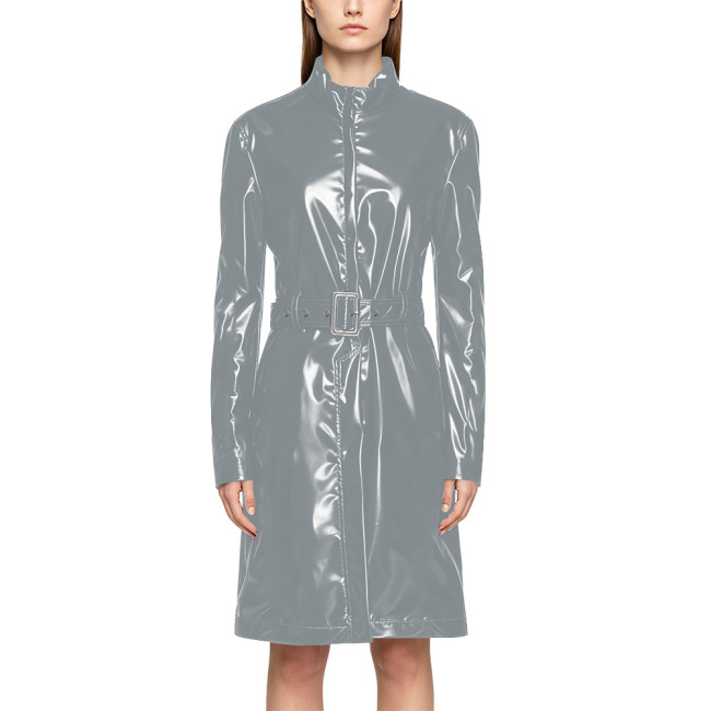 Wet Look PVC Zipper Stand Collar Mid Trench Coat Shiny PU Leather Belted Coat Clubwear Fashion Long Sleeve Knee-length Jackets
