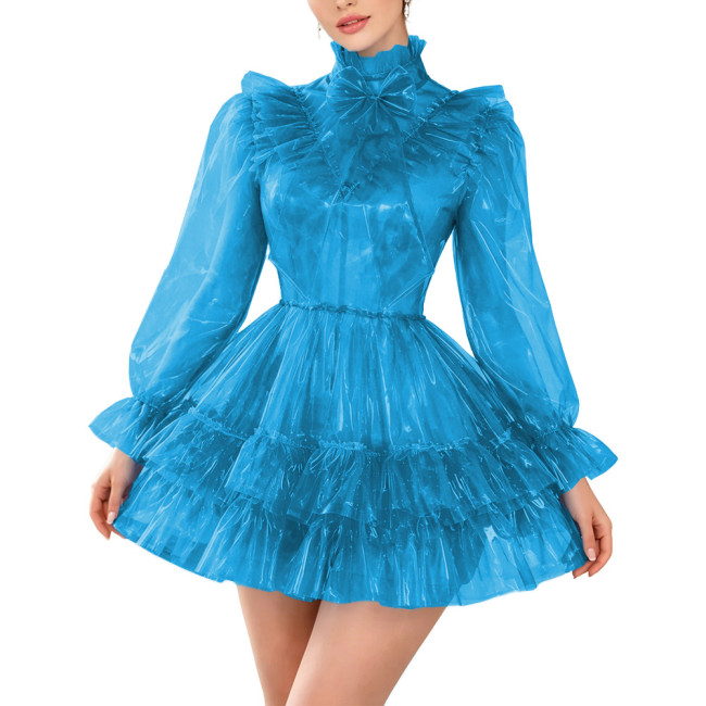Sissy Clear PVC Lockable Gothic A-line Dress Lolita Ruffles Plastic High Neck Pleated Mini Dress for Rave Party Cosplay Costume