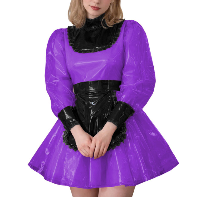 Lockable Sexy Cross Dressing Maid Uniforms Sissy Puff Long Sleeve Clear PVC Maid Dress Fetish Plastic Cosplay Role Play Costume