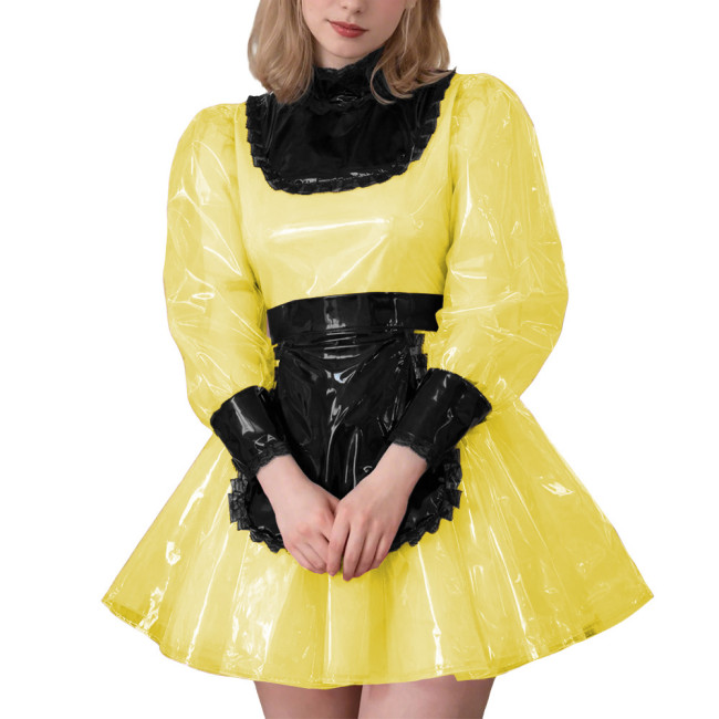 Lockable Sexy Cross Dressing Maid Uniforms Sissy Puff Long Sleeve Clear PVC Maid Dress Fetish Plastic Cosplay Role Play Costume