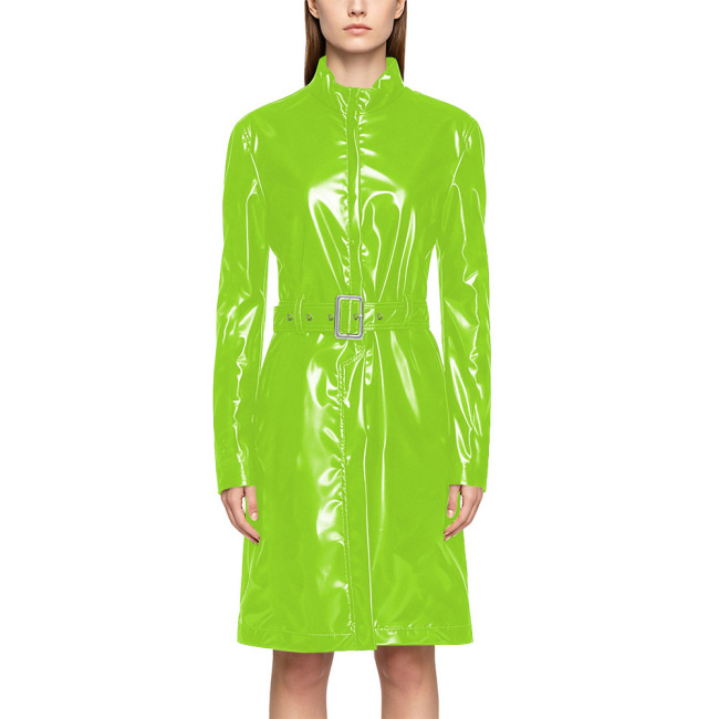 Wet Look PVC Zipper Stand Collar Mid Trench Coat Shiny PU Leather Belted Coat Clubwear Fashion Long Sleeve Knee-length Jackets