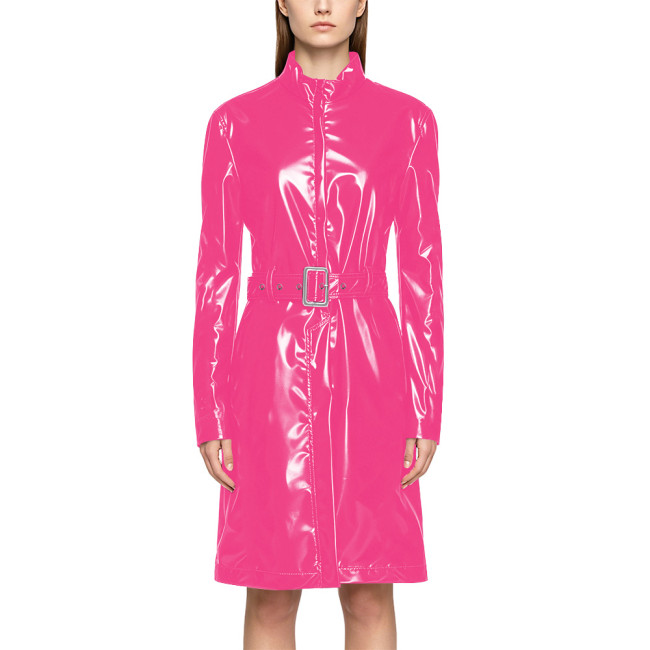 Wet Look PVC Zipper Stand Collar Mid Trench Coat Shiny PU Leather Belted Coat Clubwear Fashion Long Sleeve Knee-length Jackets