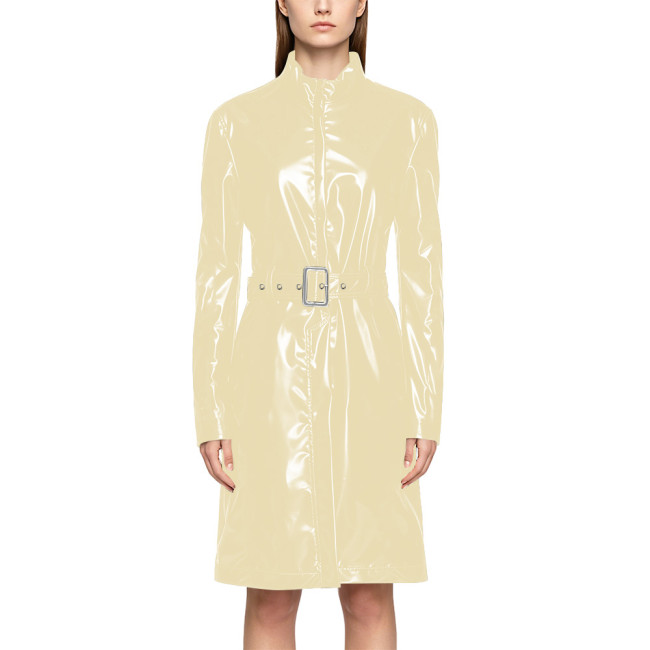 Wet Look PVC Zipper Stand Collar Mid Trench Coat Shiny PU Leather Belted Coat Clubwear Fashion Long Sleeve Knee-length Jackets
