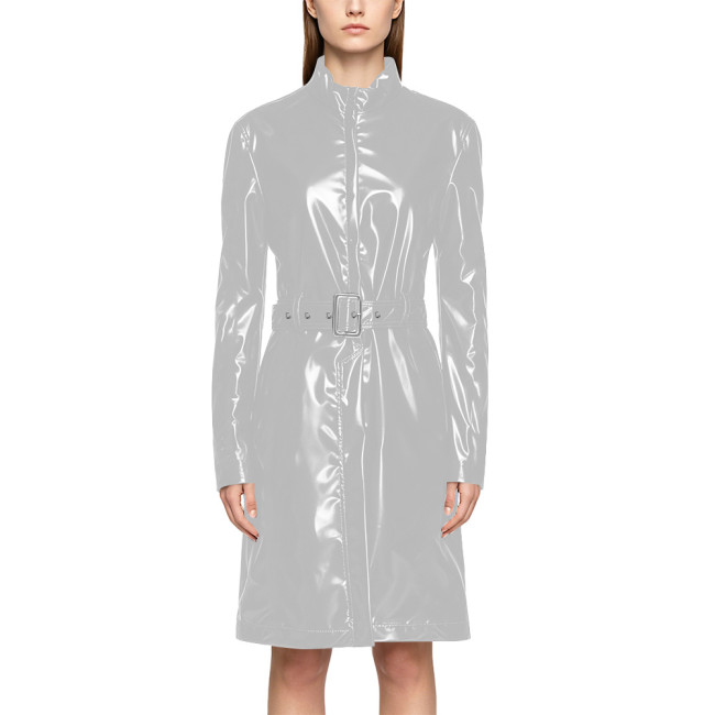 Wet Look PVC Zipper Stand Collar Mid Trench Coat Shiny PU Leather Belted Coat Clubwear Fashion Long Sleeve Knee-length Jackets