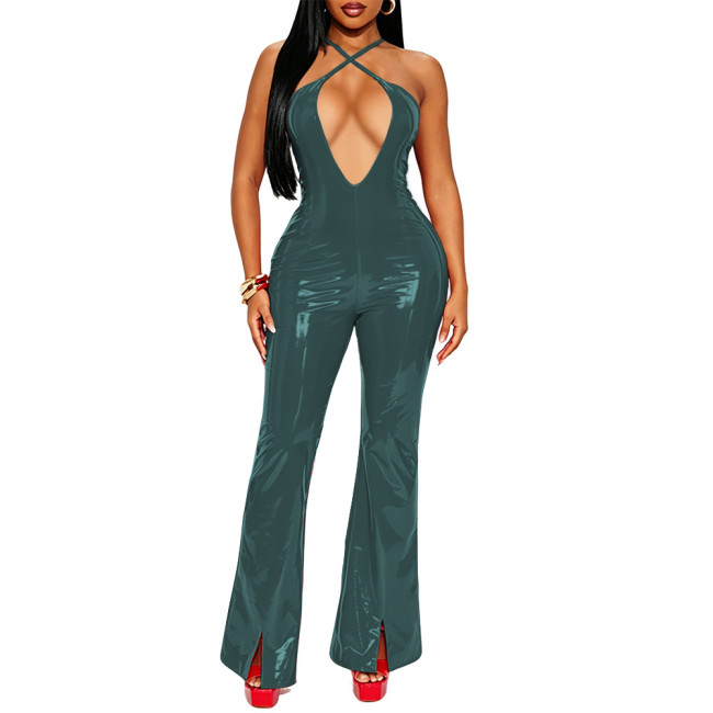 Sexy Deep V Neck Cross Collar Jumpsuits Shiny PVC Spaghetti Straps Bell Bottom Rompers Elegant Club Trend Overalls Party Outfit