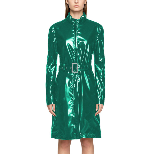 Wet Look PVC Zipper Stand Collar Mid Trench Coat Shiny PU Leather Belted Coat Clubwear Fashion Long Sleeve Knee-length Jackets