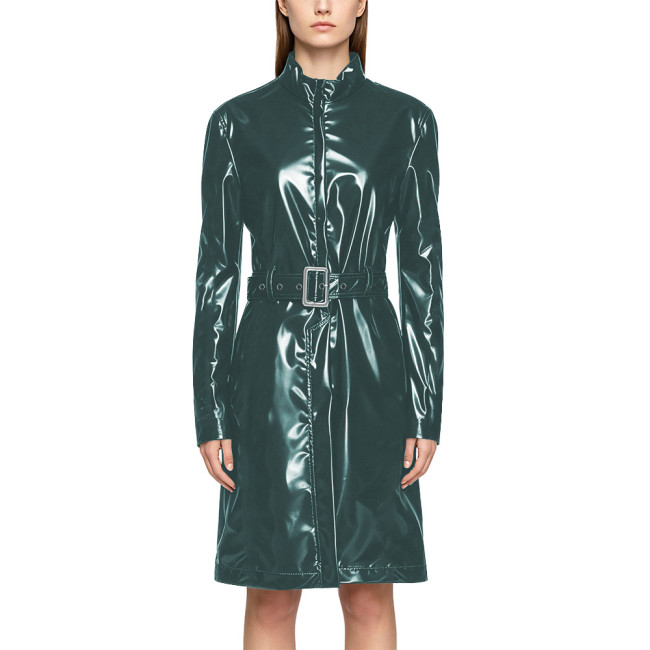 Wet Look PVC Zipper Stand Collar Mid Trench Coat Shiny PU Leather Belted Coat Clubwear Fashion Long Sleeve Knee-length Jackets