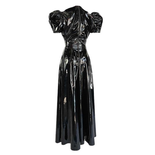 Puffed Short Sleeve Womens Maxi Dresss Glossy PVC Leather A-line Long Gown for Party Evening Events Doll Collar Glossy Dresses