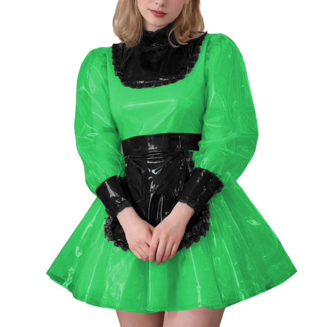 Lockable Sexy Cross Dressing Maid Uniforms Sissy Puff Long Sleeve Clear PVC Maid Dress Fetish Plastic Cosplay Role Play Costume