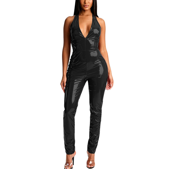 Glossy Women Sexy Halter V-neck Backless Jumpsuit PVC Shiny Leather Sleeveless Catsuit Wetlook Stretch Pant Clubwear Trend Suit