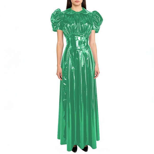 Puffed Short Sleeve Womens Maxi Dresss Glossy PVC Leather A-line Long Gown for Party Evening Events Doll Collar Glossy Dresses