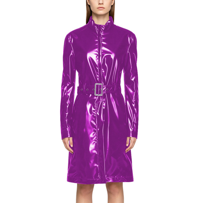 Wet Look PVC Zipper Stand Collar Mid Trench Coat Shiny PU Leather Belted Coat Clubwear Fashion Long Sleeve Knee-length Jackets