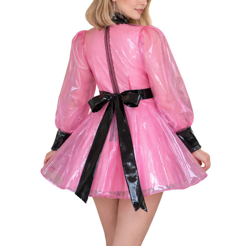 Lockable Sexy Cross Dressing Maid Uniforms Sissy Puff Long Sleeve Clear PVC Maid Dress Fetish Plastic Cosplay Role Play Costume