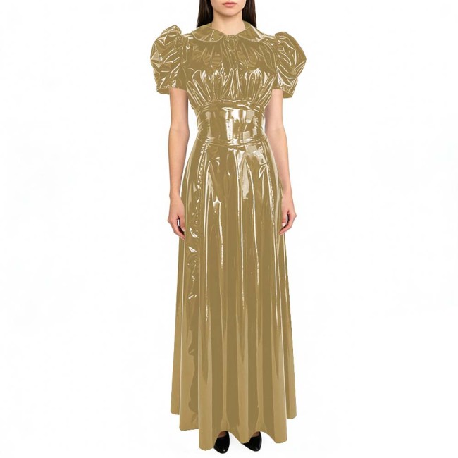 Puffed Short Sleeve Womens Maxi Dresss Glossy PVC Leather A-line Long Gown for Party Evening Events Doll Collar Glossy Dresses