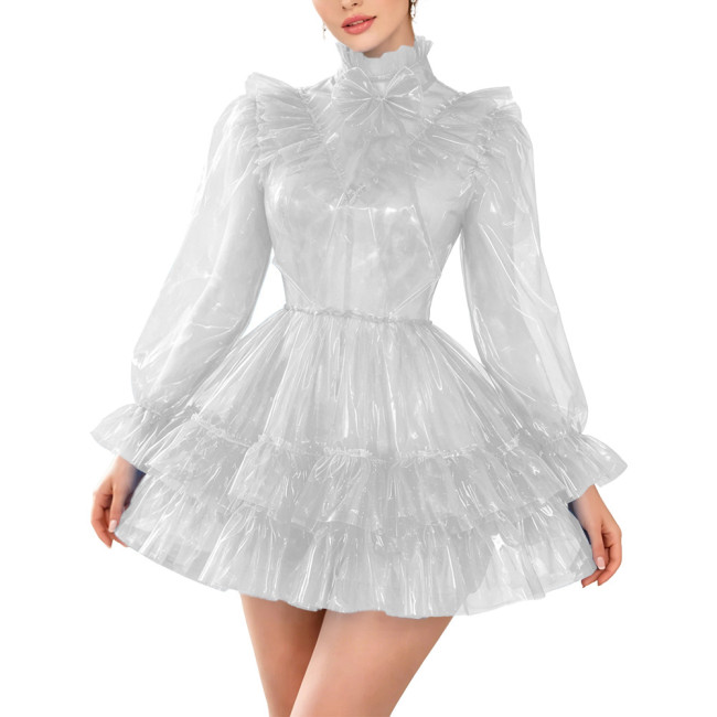 Sissy Clear PVC Lockable Gothic A-line Dress Lolita Ruffles Plastic High Neck Pleated Mini Dress for Rave Party Cosplay Costume