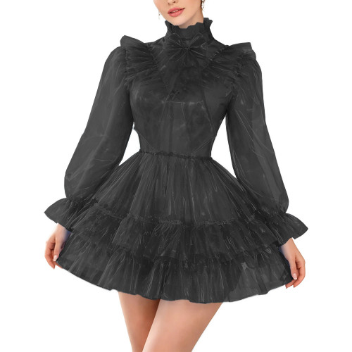 Sissy Clear PVC Lockable Gothic A-line Dress Lolita Ruffles Plastic High Neck Pleated Mini Dress for Rave Party Cosplay Costume
