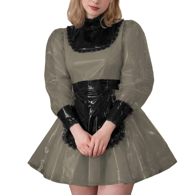 Lockable Sexy Cross Dressing Maid Uniforms Sissy Puff Long Sleeve Clear PVC Maid Dress Fetish Plastic Cosplay Role Play Costume