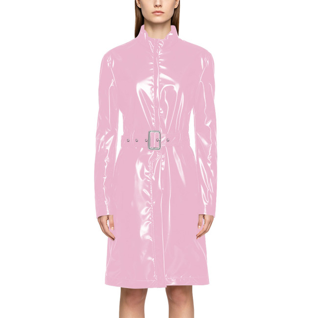 Wet Look PVC Zipper Stand Collar Mid Trench Coat Shiny PU Leather Belted Coat Clubwear Fashion Long Sleeve Knee-length Jackets