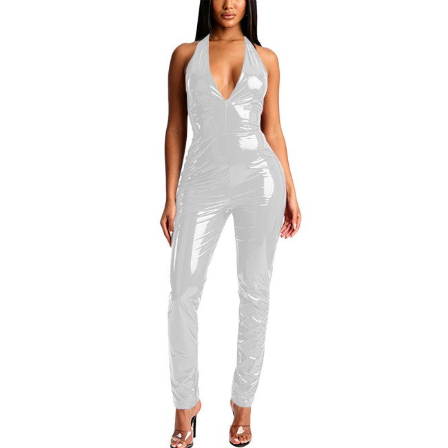 Glossy Women Sexy Halter V-neck Backless Jumpsuit PVC Shiny Leather Sleeveless Catsuit Wetlook Stretch Pant Clubwear Trend Suit