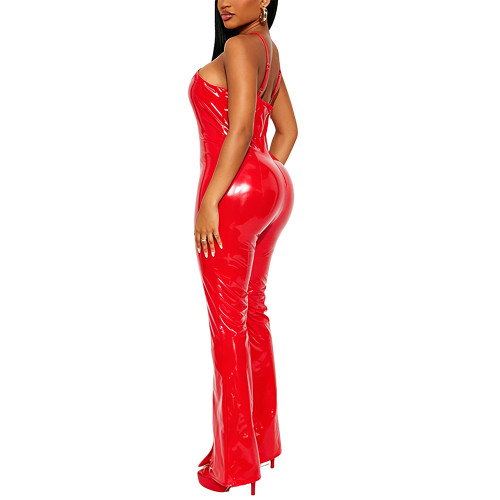 Sexy Deep V Neck Cross Collar Jumpsuits Shiny PVC Spaghetti Straps Bell Bottom Rompers Elegant Club Trend Overalls Party Outfit