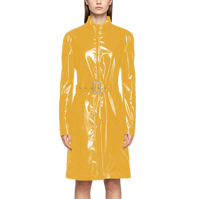 Wet Look PVC Zipper Stand Collar Mid Trench Coat Shiny PU Leather Belted Coat Clubwear Fashion Long Sleeve Knee-length Jackets