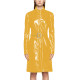 Wet Look PVC Zipper Stand Collar Mid Trench Coat Shiny PU Leather Belted Coat Clubwear Fashion Long Sleeve Knee-length Jackets