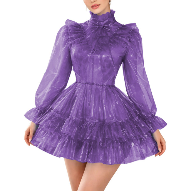 Sissy Clear PVC Lockable Gothic A-line Dress Lolita Ruffles Plastic High Neck Pleated Mini Dress for Rave Party Cosplay Costume