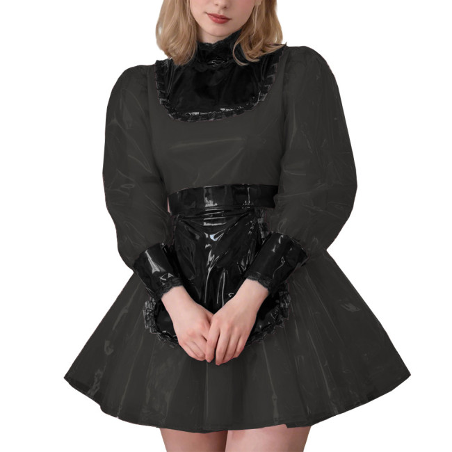 Lockable Sexy Cross Dressing Maid Uniforms Sissy Puff Long Sleeve Clear PVC Maid Dress Fetish Plastic Cosplay Role Play Costume