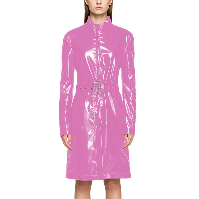 Wet Look PVC Zipper Stand Collar Mid Trench Coat Shiny PU Leather Belted Coat Clubwear Fashion Long Sleeve Knee-length Jackets