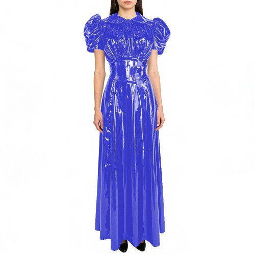 Puffed Short Sleeve Womens Maxi Dresss Glossy PVC Leather A-line Long Gown for Party Evening Events Doll Collar Glossy Dresses