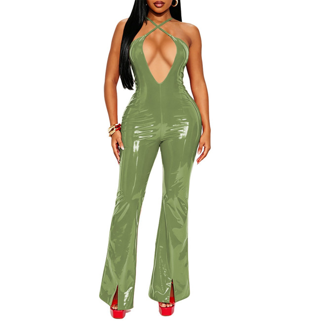Sexy Deep V Neck Cross Collar Jumpsuits Shiny PVC Spaghetti Straps Bell Bottom Rompers Elegant Club Trend Overalls Party Outfit