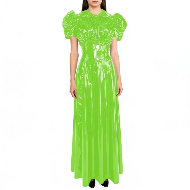 Puffed Short Sleeve Womens Maxi Dresss Glossy PVC Leather A-line Long Gown for Party Evening Events Doll Collar Glossy Dresses
