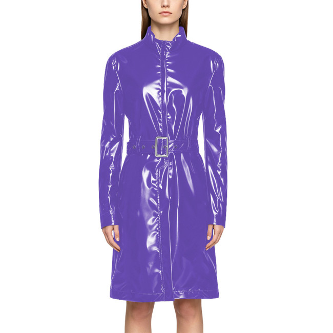 Wet Look PVC Zipper Stand Collar Mid Trench Coat Shiny PU Leather Belted Coat Clubwear Fashion Long Sleeve Knee-length Jackets