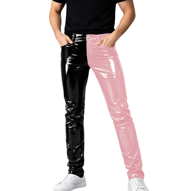 Mens Shinny PVC Leather Pants Color Block Nightclub Slim Pencil Pants Male Glossy Tight Stretch Trousers Wetlook Motorcycle Pant