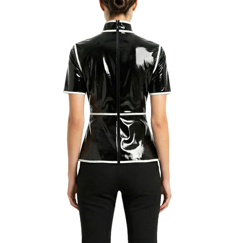Plus Size Glossy High Neck Womens Blouse PVC Vinyl Leather Short Sleeve Slim Tops Fetish Latex-look Ladies Shirt Cosplay Cotume