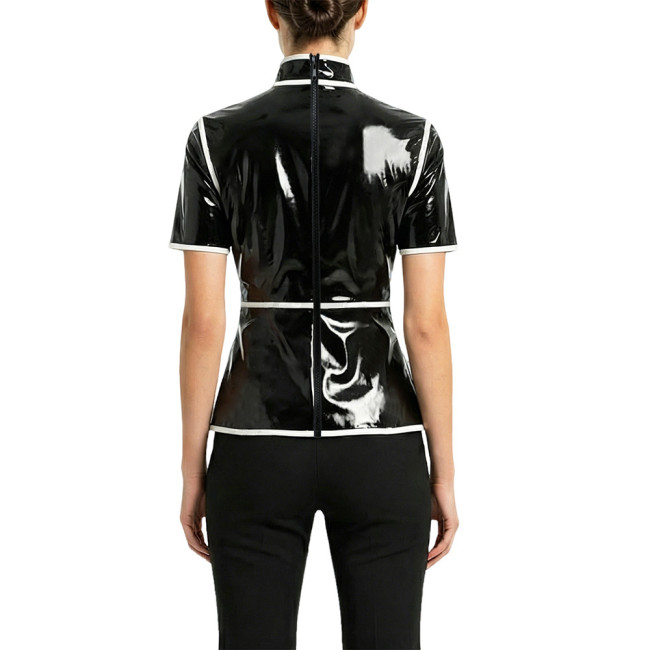 Plus Size Glossy High Neck Womens Blouse PVC Vinyl Leather Short Sleeve Slim Tops Fetish Latex-look Ladies Shirt Cosplay Cotume