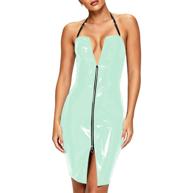 Plus Size Sexy Halter Strap PVC Leather Mini Dress Glossy Backless Bodycon Wetlook Short Dresses Hotties Punk Clubwear Fetish