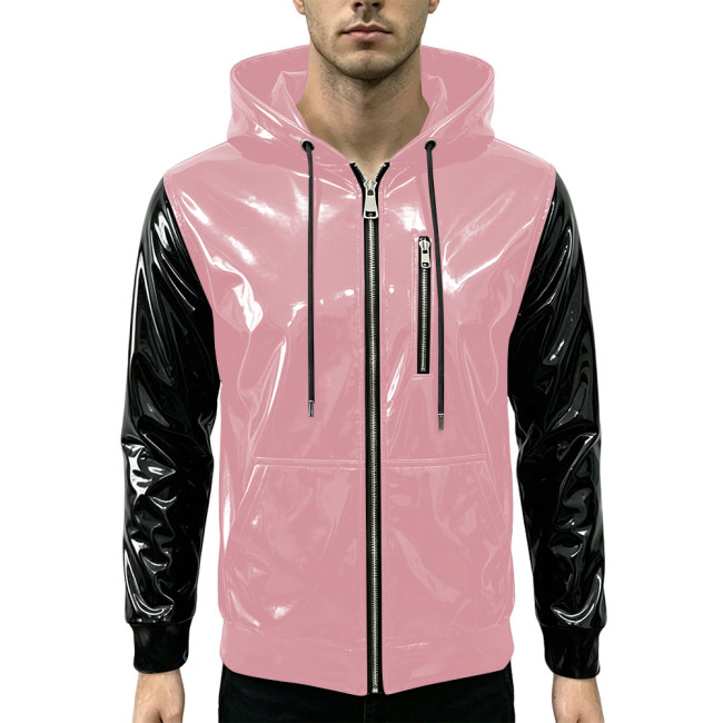 New Fashion Glossy Zipper Cardigan Jackets Mens Long Sleeve Hooded PVC Shiny Leather Jacket Plus Size Streetwear Tops Hoodies