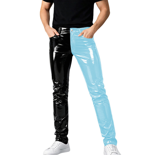 Mens Shinny PVC Leather Pants Color Block Nightclub Slim Pencil Pants Male Glossy Tight Stretch Trousers Wetlook Motorcycle Pant