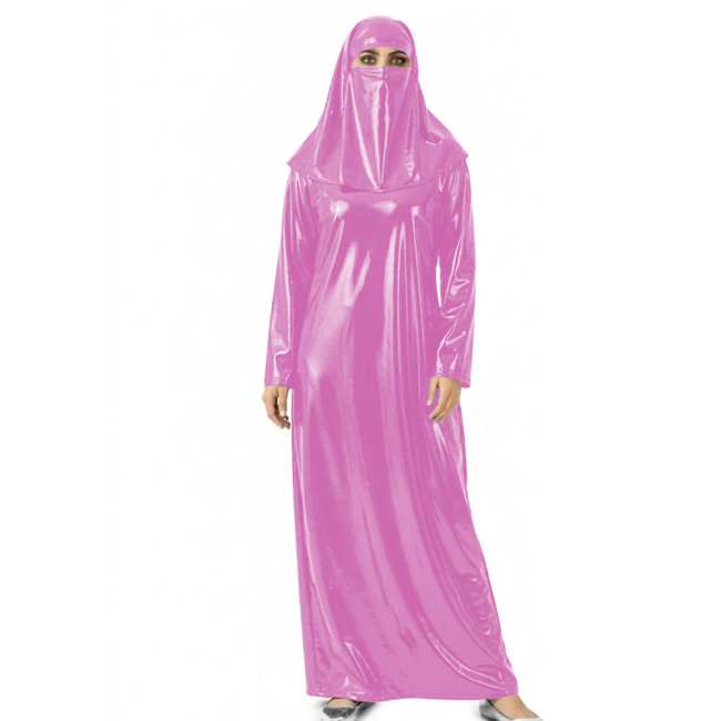 Womens Shiny Wet Look Abaya with Head Cover PVC Leather Long Dress Outfit for Halloween Cosplay Events Themed Dress-Up Occasions