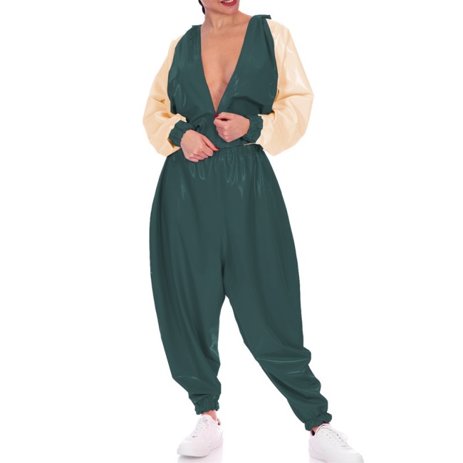 Plus Size Loose Batwing Jacket with Pants Wetlook Club Party Outfit Vinyl PVC Leather Patchwork Tops High Waist Harem Pants Sets