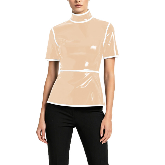 Plus Size Glossy High Neck Womens Blouse PVC Vinyl Leather Short Sleeve Slim Tops Fetish Latex-look Ladies Shirt Cosplay Cotume