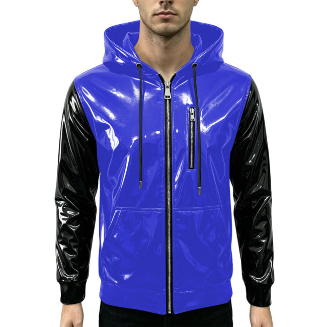 New Fashion Glossy Zipper Cardigan Jackets Mens Long Sleeve Hooded PVC Shiny Leather Jacket Plus Size Streetwear Tops Hoodies