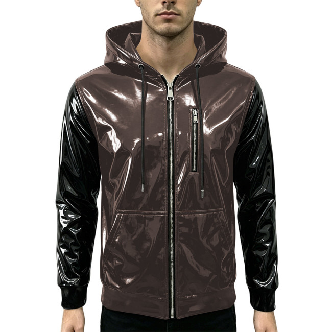 New Fashion Glossy Zipper Cardigan Jackets Mens Long Sleeve Hooded PVC Shiny Leather Jacket Plus Size Streetwear Tops Hoodies