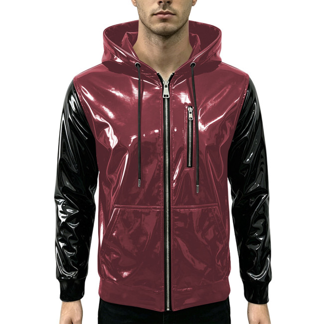 New Fashion Glossy Zipper Cardigan Jackets Mens Long Sleeve Hooded PVC Shiny Leather Jacket Plus Size Streetwear Tops Hoodies